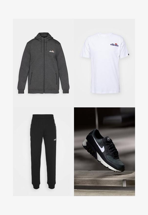 Pelēks zip-up džemperis ar kapuci, sānu kabatām, ribotām piedurknēm un mazu baltu logotipu uz krūtīm. Mīksta auduma tekstūra.; Balta kokvilnas T-krekls ar īsām piedurknēm, kas rotāts ar tumši zilā krāsā izšūtu logo uz kreisās krūtis un dzīvīgu krāsu akcentu virs logo.; Melnas sporta bikses, kas izgatavotas no mīkstas auduma, piedāvā sašaurinātu kāju dizainu, elastīgu jostasvietu, sānu kabatas ar rāvējslēdzējiem un mazu logo akcentu.; Melnas un zaļas kedas ar rakstainu sieta augšdaļu, baltu swoosh logo, mīkstu apkakli un redzamu gaisa amortizācijas elementu zolē.