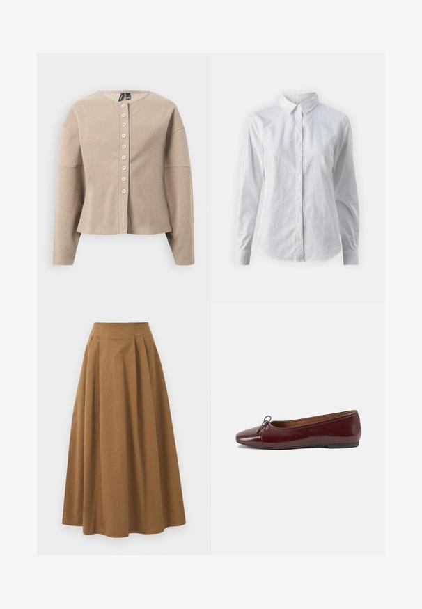 Beige strikket cardigan med rund hals, knappestolpe foran og lange ermer. Teksturert stoff med et subtilt mønster.; Hvit skjorte med knapper laget av glatt bomull, med klassisk krage, lange ermer og buet skjær. Knapper er små og hvite.; Brun bomull A-linje skjørt med høy midje, med folder foran og en jevn tekstur. Kantene er rene og enkle.; Burgunderrød lakk lær ballettleilighet med rund tå, liten sløyfe foran og en lav, svart gummisåle. Glatt tekstur.