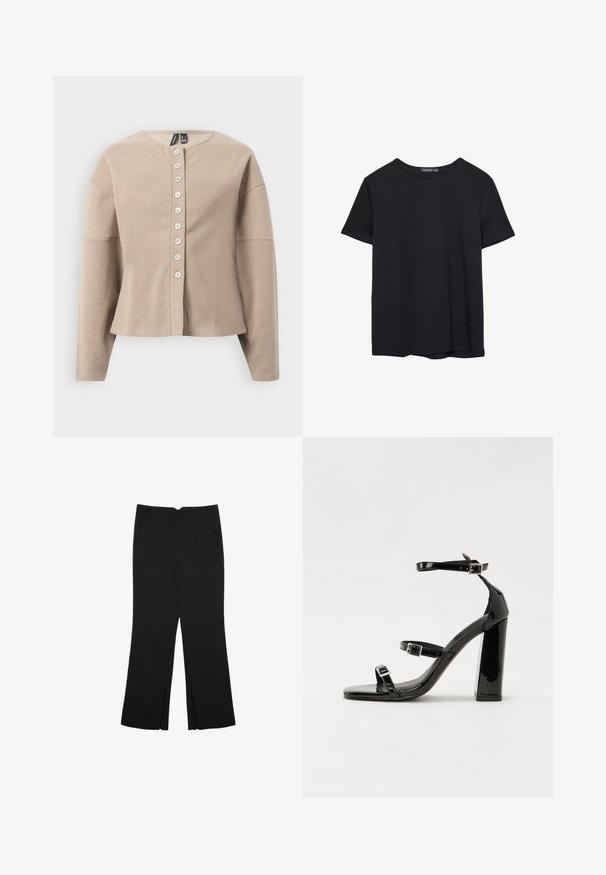 Beige stickad kofta med rund halsringning, knäppning framtill och långa ärmar. Texturerat tyg med ett subtilt mönster.; En enkel svart bomulls T-shirt med kort ärm och rund hals, uppvisad på en vit bakgrund.; Svarta byxor med rak passform, utrustade med framfickor och sidoklyvningar vid fållen. Tillverkade av mjukt, slätt tyg. Lämpliga för olika tillfällen.; Svarta lackerade högklackade sandaler med två spännband, fyrkantig tå och en tjock klack, med en slät och glansig yta.