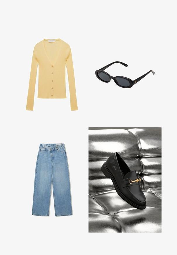 Gul ribbad kofta med långa ärmar, V-halsringning och fem knappar framtill, tillverkad av mjukt, texturerat tyg.; En enkel vit långärmad skjorta med rund hals, visad bakifrån, liggande platt på en vit bakgrund.; Ljusblå vida jeans i denim, med hög midja, fem fickor, knappstängning och subtil blekning för textur.; Svart läderloafer med detaljer i guldfärg. Skon har en slank design och en jämn, blank yta.; Svarta överdimensionerade solglasögon med ovala linser, slät plastbåge och guldaccent på bågarna. Mörka linser ger solskydd.