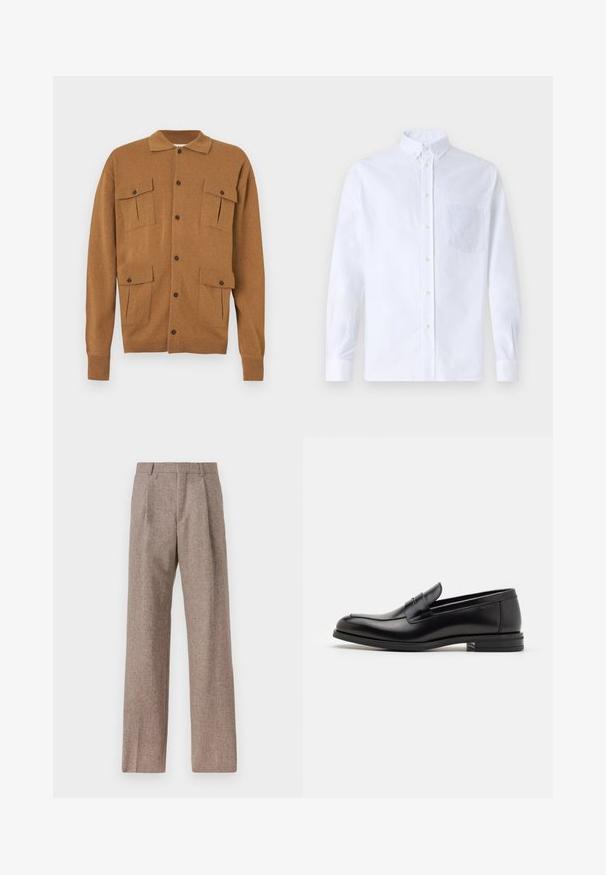 Brown cardigan with a collared neck, two front patch pockets, four button closures, and ribbed cuffs. Soft texture, casual fit design.; White long-sleeve button-up shirt made of cotton, featuring a chest pocket with tonal embroidery, a collar, and button cuffs.; Brown, high-waisted trousers made of textured fabric. Features wide legs and two front pleats for structure. Neat finish with no visible hardware.; Black leather loafers with a smooth texture, rounded toe, and a decorative strap across the vamp. Low stacked heel, minimalist design.