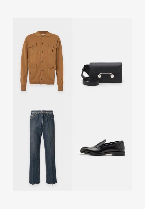 Cardigan marrón con cuello tipo camisa, dos bolsillos parche en la parte frontal, cierre de cuatro botones y puños con ribete. Textura suave, diseño de corte casual.; Camiseta gris de manga corta hecha de una tela suave y texturizada. Presenta un cuello redondo clásico y un dobladillo recto, adecuada para uso casual.; Vaqueros de mezclilla de pierna recta en azul oscuro con botón frontal, cremallera, dobles bolsillos frontales y pliegues verticales visibles a lo largo de las piernas.; Mocasines de cuero negro con una textura suave, puntera redondeada y una tira decorativa en el empeine. Tacón bajo apilado, diseño minimalista.; Bolso cruzado de cuero negro con cierre de solapa, herrajes en tono plata y dos acentos redondos. Cuenta con una correa desmontable. Textura suave.