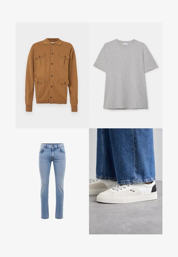 Pruun kardigan, millel on krae, kaks eesmist taskut, neli nööpaukkoja ja soonilised varrukad. Pehme tekstuur ja mugav disain.; Hallhargist lühikeste varrukatega T-särk pehmest, tekstuuriga kangast. Omab klassikalist ümarat kaelust ja sirget allääret, sobides igapäevaseks kandmiseks.; Heledad sinine denimist teksapüksid, kitsas lõige, viie taskuga ja sirge jalaga disain. Omab tõmblukkuga lukkuklappi ja vöörihmasid. Pehme tekstuur.; Valged ja mustad spordijalatsid sileda nahkpealise, tekstuursete aktsentidega ja paksu valge tallaga. Omab klassikalist nööbistamise disaini.