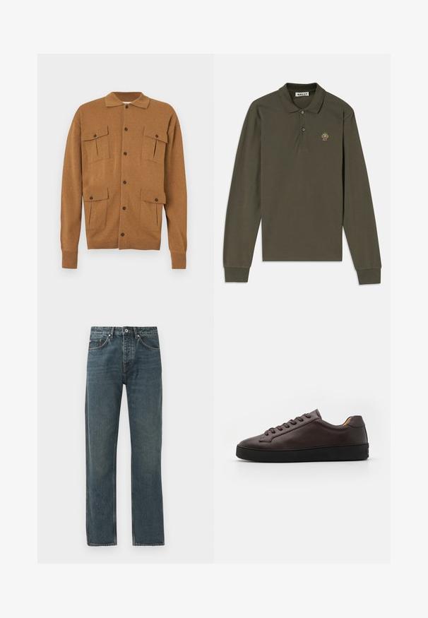Brauner Cardigan mit Kragen, zwei aufgesetzten Taschen vorne, vier Knöpfen und gerippten Bündchen. Weicher Stoff, lässiger Schnitt.; Langärmliges Polohemd aus olivgrüner Baumwolle mit Kragen, zwei Knöpfen und einem bunten gestickten Logo auf der linken Brust.; Dunkelblaue Denim-Jeans mit geradem Bein-Design, ausgestattet mit fünf Taschen, einem Knopfverschluss und kontrastierenden Steppdetails.; Braune Ledersneaker mit glatter Textur, runder Zehenpartie und schwarzer Gummisohle. Verfügt über tonale Schnürsenkel und minimalistische Designdetails.