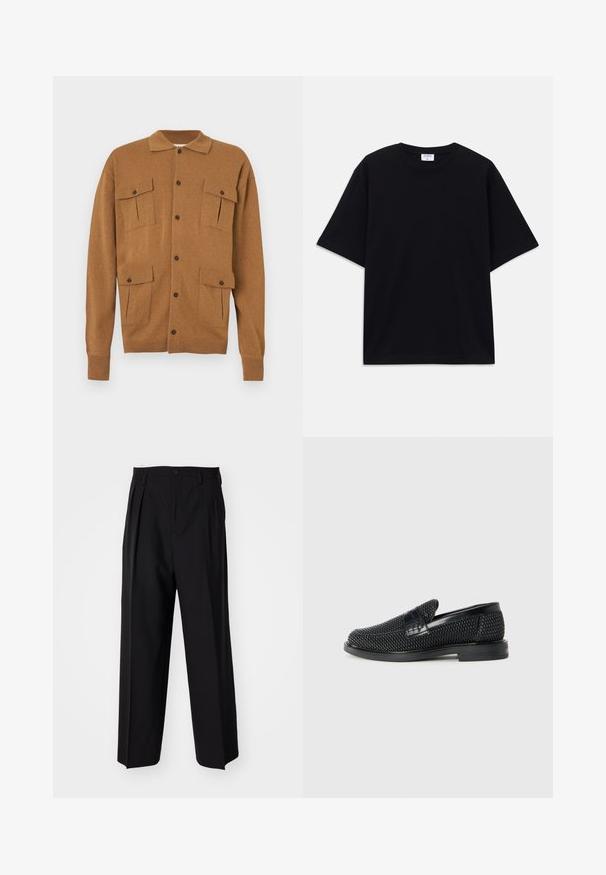 Rudas kardiganas su apykakle, dviem priekinių kišenėmis, keturiais mygtukais ir raukšlėtais rankogaliais. Minkšta tekstūra, atsitiktinio stiliaus dizainas.; Juodas trumpas rankovėmis per didelis marškinėliai su apvaliu iškirpimu ir matoma Filippa K prekės ženklo etiketė vidinėje apykaklės pusėje.; Juodi klostuoti kelnių, su tiesiu, plačiu kojų dizainu. Pagaminti iš lygios medžiagos, su mygtukų uždarymu ir diržo kilputėmis.; Juodas pintas slip-on tipo batelis su lygiu odiniu akcentu viršuje, apvalios nosies dizainas ir žemas guminis padas.