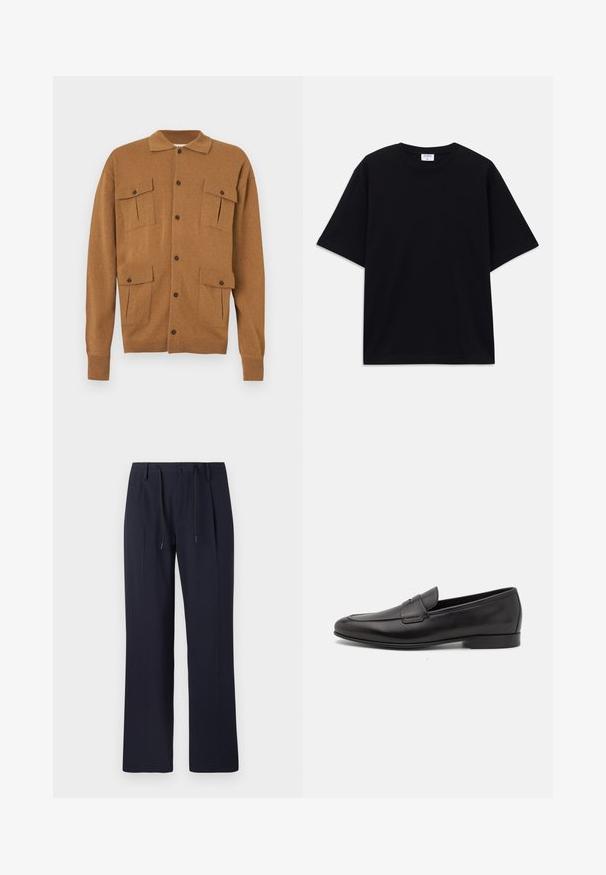 Cardigan marrone con colletto, due tasche a toppa sul fronte, chiusura a quattro bottoni e polsini a coste. Tessuto morbido, design dal fit casual.; T-shirt oversize nera a maniche corte con scollatura rotonda e etichetta del marchio Filippa K visibile all'interno del colletto.; Pantaloni blu navy con design a gamba dritta, realizzati in tessuto testurizzato. Presentano una chiusura frontale con bottone e una vita regolabile con cordoncino.; Mocassino da uomo in pelle nera con tacco basso e design classico a striscia, mostrato in profilo laterale su sfondo bianco.