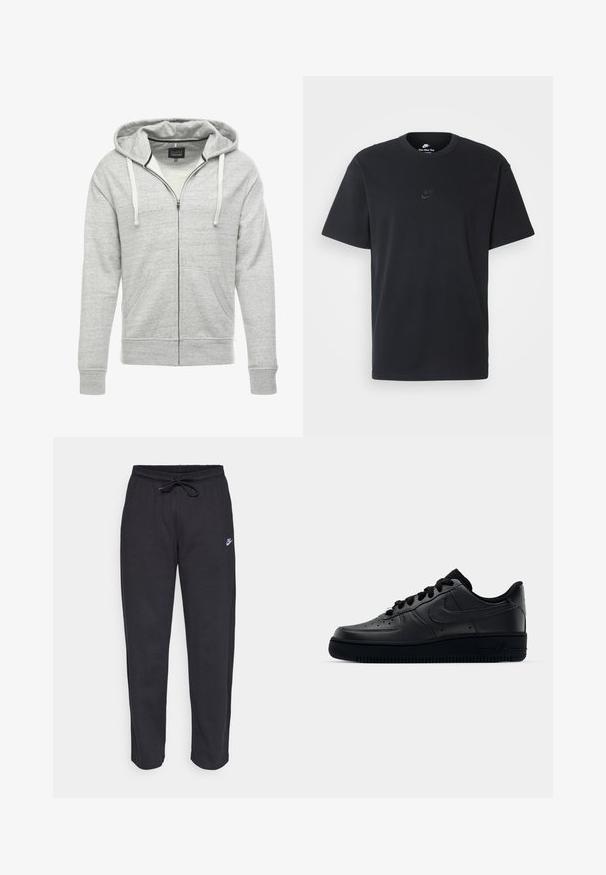 Felpa grigia con zip realizzata in un tessuto morbido e testurizzato. Presenta un cappuccio con cordino, tasche frontali e polsini e orlo a coste.; T-shirt in cotone nero della Nike con collo rotondo classico, maniche corte e un logo in rilievo discreto sul petto. Texture liscia.; Pantaloni della tuta neri realizzati in tessuto morbido con vita elastica, coulisse e un piccolo logo Nike sulla coscia sinistra.; Sneaker Nike Air Force 1 nera con tomaia in pelle liscia, punta perforata per la traspirabilità, lacci neri e suola in gomma testurizzata.