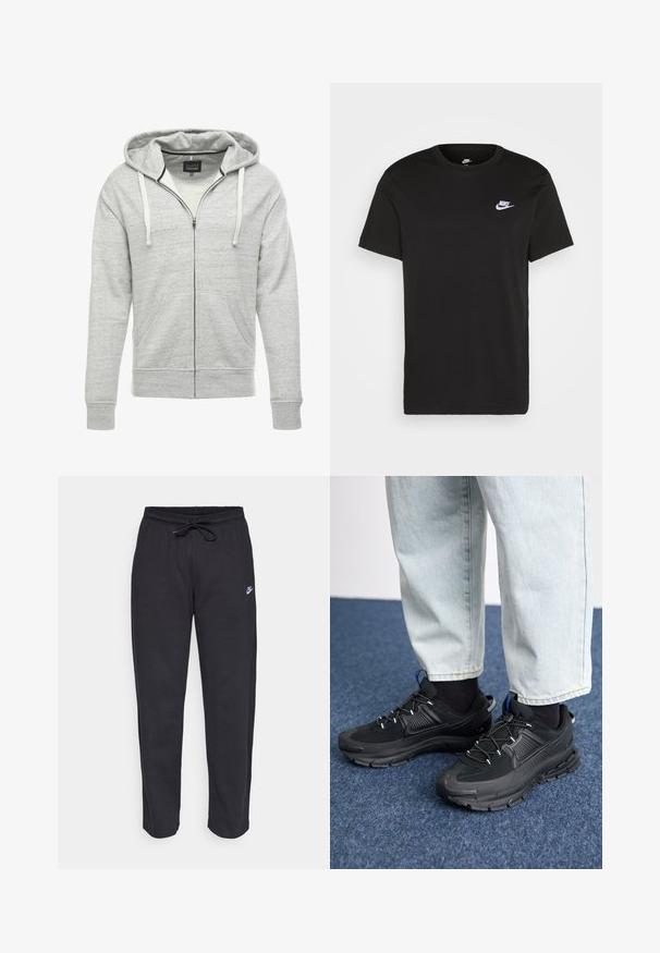 Halluki värvi tõmblukuga kapuutsiga sviiter, mis on valmistatud pehmest tekstureeritud kangast. Omab reguleeritavat kapuutsi, eesmist taskut ja soonikkoes mansette ning allserva.; Must musta T-särk lühikeste varrukatega, ümmargune kaelus ja väike valge Nike logo vasakul rinnaosal. Sile tekstuur. Klassikaline lõige.; Mustad mustad, pehmest kangast, elastse vöökoha, nööriga ja väikese Nike logo'ga vasakul reiel.; Mustad mustad jooksukingad, millel on tekstureeritud kangas ja kummist tallad, elastsed nöörid ning sinine aksent kandadel. Kandmine heledate teksadega.