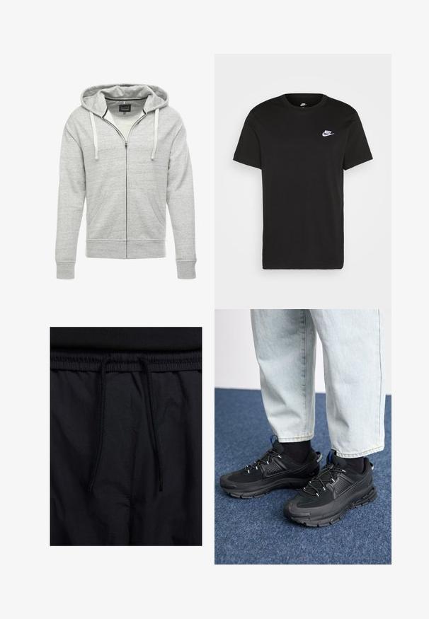 Grauer Reißverschluss-Hoodie aus weichem, strukturiertem Material. Mit Kapuze mit Kordelzug, Fronttaschen und gerippten Bündchen und Saum.; Schwarzes Baumwoll-T-Shirt mit kurzen Ärmeln, Rundhals und kleinem weißem Nike-Logo auf der oberen linken Brust. Glatte Textur. Klassische Passform.; Schwarze Shorts mit einem Kordelzugbund, leichtem Stoff mit glatter Textur und einem schlichten Design ohne sichtbare Logos oder Muster.; Schwarze Sportschuhe aus strukturiertem Stoff mit Gummisohlen, ausgestattet mit elastischen Schnürsenkeln und einem blauen Akzent an der Ferse. Getragen mit hellen Jeans.