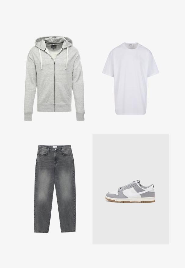 Grå zip-up hettegenser laget av myk, teksturert stoff. Har snor i hetten, frontlommer og ribbestrikkede ermer og kant.; Hvit bomull t-skjorte med korte ermer, rund utringning, avslappet passform, og ingen synlige logoer eller mønstre. Glatt tekstur og minimalistisk design.; Høyt liv, løstsittende jeans i falmet svart denim. Har fem lommer, beltehemper og et rent, rett ben-design.; Grå og hvite sneakers med overdel i semsket skinn og lær, rund tå, flate lisser, og gummisåle med gummibelegg.