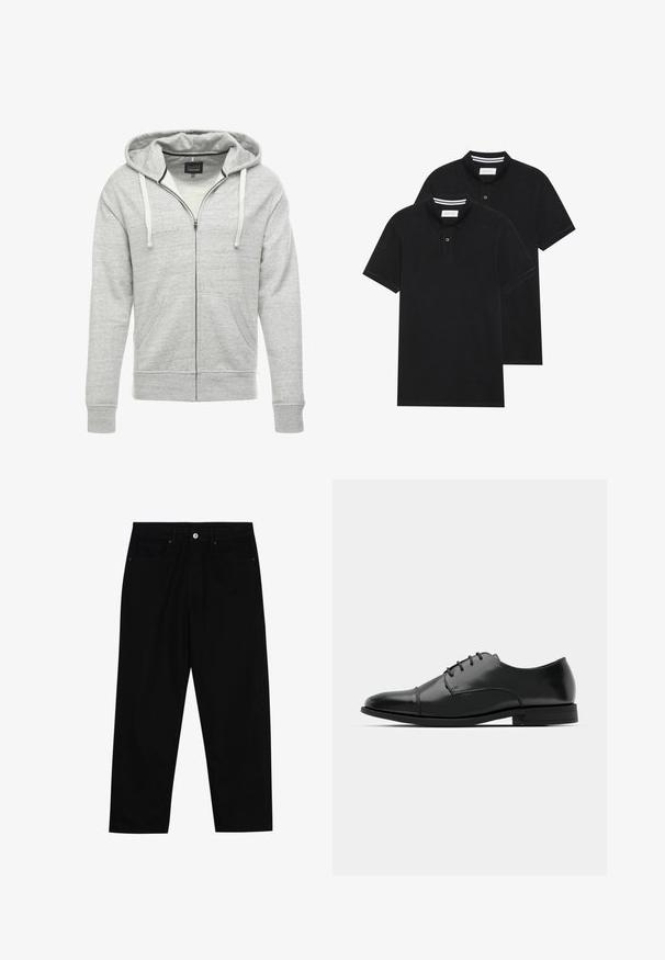 Pelēks puloveris ar rāvējslēdzēju, izgatavots no mīkstas, teksturētas auduma. Iekļauj kapuci ar auklu, priekšējās kabatas un ribota piedurknes un apakšmalu.; Divas melnas polo krekli, īsām piedurknēm, no kokvilnas materiāla, ar klasisku apkakli, divu pogu aizdari un balti svītroti akcenti apkakles iekšpusē.; Melni džinsi ar taisnu kāju griezumu, piecu kabatu dizainu un priekšēju pogu aizdari. Gluda tekstūra ar minimālu šuvju detaļu skaitu.; Melnas ādas vadmalas kurpes ar noapaļotu purngalu, saistījuma dizains, smalkas izšuvumu detaļas un zema papēža. Gluda tekstūra ar spīdīgu apdari.