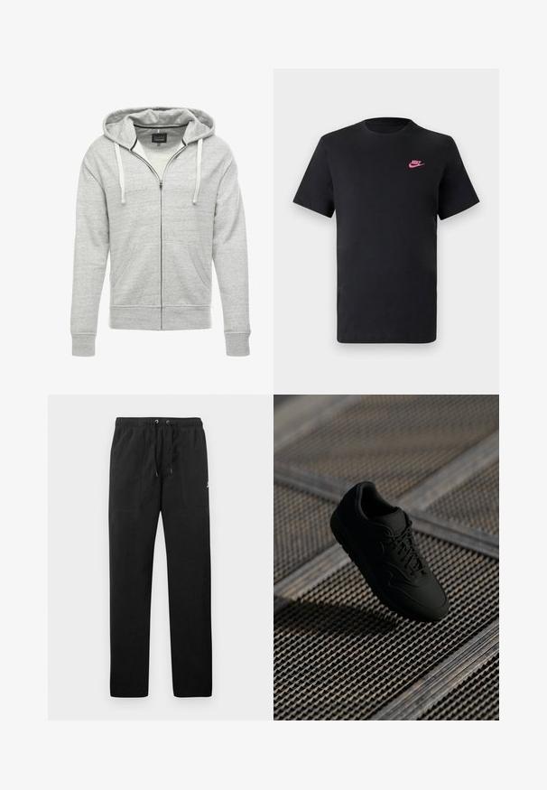 Gray zip-up hoodie made of soft, textured fabric. Features a drawstring hood, front pockets, and ribbed cuffs and hem.; Black cotton t-shirt with a round neckline and short sleeves. Features a pink Nike logo on the upper left side. Smooth texture.; Black sweatpants made of fleece, featuring an elastic waistband with drawstrings, two front pockets, and a small logo on the thigh.; Black sneaker with a smooth texture, round toe, lace-up front, and subtle branding. Displayed against a textured, industrial background.