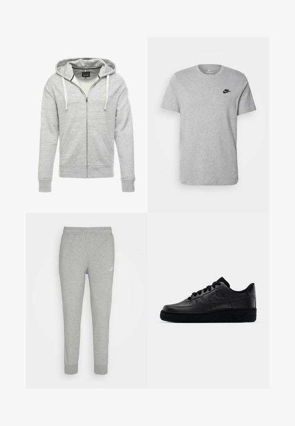 Šedá mikina na zip vyrobená z měkké, strukturované tkaniny. Má kapucí se stahovací šňůrkou, přední kapsy a pružné manžety a lem.; Šedé tričko s krátkým rukávem vyrobené z bavlny, s černým logem Nike na hrudi a kulatým výstřihem. Minimalistický design bez vzorů.; Šedé tepláky vyrobené z měkké tkaniny, s designem tapered nohavic, elastickým pasem a malým bílým logem Nike na levé stehně.; Černé tenisky Nike Air Force 1 s hladkým koženým svrškem, perforovanou špičkou pro prodyšnost, černými tkaničkami a texturovanou gumovou podešví.
