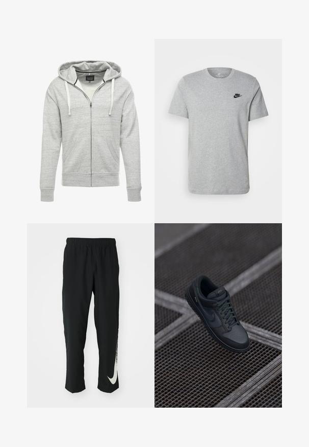 Pilkas užtrauktukas džemperis, pagamintas iš minkštos, tekstūruotos medžiagos. Jame yra reguliuojama kapuca, priekinės kišenės ir raštuoti rankogaliai bei apatinė dalis.; Pilkas trumpas rankovėmis marškinėliai iš medvilnės, su juodu Nike logotipu krūtinėje ir apvaliu iškirpimu. Minimalistinis dizainas be raštų.; Juodos sportinės kelnės su elastingu juosmeniu, siaurėjančiu dizainu ir dideliu baltu Nike logotipu ant kairiojo kojos. Minkšta, lengva medžiaga.; Juodas oda Nike sportbačiai su apvaliu pirštu, perforuota priekiu ir tekstūruota guma. Įtraukiami raišteliai ir subtilus prekės ženklas.