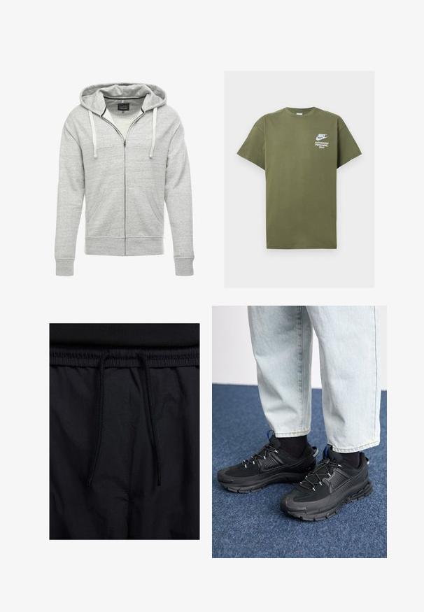 Sivá zip-up kapuca iz oglašenega, mehkega blaga. Ima kapuco na vrvico, sprednje žepe in žametne robove ter spodnji rob.; Olivnozeleni bombažni t-shirt s kratkimi rokavi, okroglo izrezan, z belim tiskanim besedilom: "NIKE AVTORIZIRANO OSEBJE SAMO" spredaj.; Črne kratke hlače z vrvico v pasu, lahkotna tkanina z gladko teksturo in preprosto zasnovo brez vidnih logotipov ali vzorcev.; Črne športne čevlje z teksturirano tkanino in gumijastimi podplati, ki imajo elastične vezalke ter modre poudarke na peti. Nosi se z lahkimi denim hlačami.