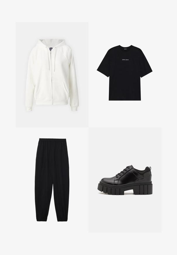 GAP NEW HOODIE - Užtrauktuku užsegamas treningas - off white; Juodas medvilninis trikotažas su laisvu dizainu. Yra trumpomis rankovėmis ir apvaliu kaklu. Tekstas "Teigiamas Nuoširdus" baltu spalva centravimas priekyje.; Juodi, lengvi kelnių su elastinga juosmens juosta ir surinktais kulkšniais. Audinys yra lygus ir turi atsipalaidavusį, siaurėjantį dizainą.; Juodi odiniai platformos batai su masyviu blokuota kulniuku, apvalia nosimi ir tradiciniu šnypštimo dizainu. Turintys glotnų paviršių ir minimalų dekoravimą.