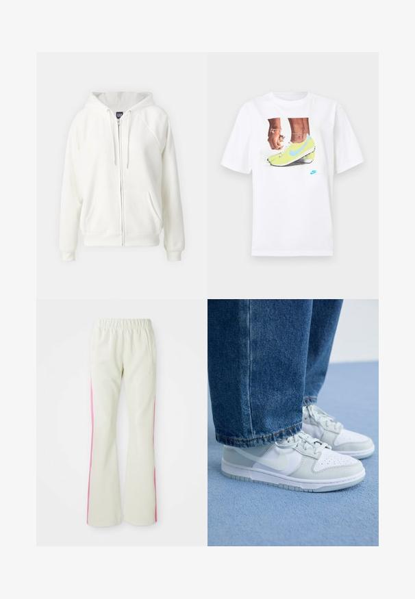 GAP NEW HOODIE - Zip-up sweatshirt - off white; White cotton t-shirt featuring a graphic of feet in yellow Nike cleats with blue accents, paired with a bracelet on the left wrist.; Light beige pants with an elastic waistband, featuring pink side panels and side pockets. Smooth texture with a straight-leg design.; Nike sneakers in white and light gray leather with perforated toe, flat laces, and a rubber sole, paired with blue denim jeans.