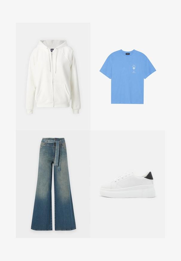 GAP NEW HOODIE - Cipzáras pulóver - off white; Világoskék pamut póló, lekerekített nyakkal. Az elülső bal mellrészen egy fehér pálmafát és szöveget ábrázoló grafikával rendelkezik. Rövid ujjak.; Bőszárú farmernadrág, világos és sötétkék árnyalatokkal, magas derekú, övgyűrűkkel és a nadrággal megegyező anyagú övvel. Textúrált farmer kivitel.; Fehér platform sportcipők sima szintetikus anyagból, lekerekített orral, fűzős kialakítással és texturált gumitalppal. Fekete sarokdísz.