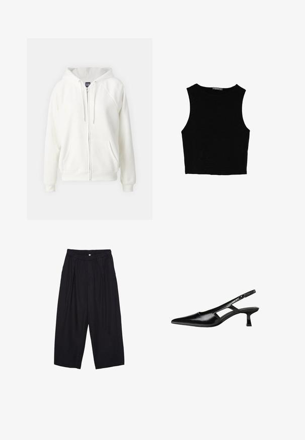 GAP NEW HOODIE - Mikina so zipsom - off white; Čierny bezrukávový crop top vyrobený z hladkej tkaniny, so zaobleným výstrihom a čistým, jednoduchým dizajnom bez vzorov alebo kovania.; Čierne polyesterové culotte nohavice s elastickým pásom, dvoma prednými záhybmi a voľným strihom. Žiadne viditeľné vzory ani detaily z kovu.; Čierne lakované kožené lodičky na podpätku s špicatou špičkou, výrezovým dizajnom na boku a malým štvorcovým podpätkom. Hladký povrch s minimálnymi akcentmi.