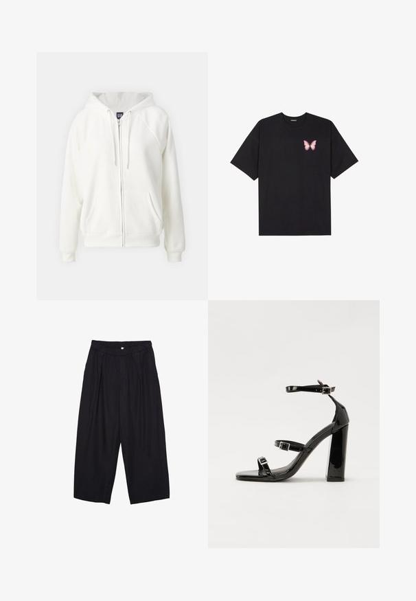 GAP NEW HOODIE - Felpa con zip - off white; T-shirt nera in cotone con maniche corte, caratterizzata da una piccola grafica di una farfalla rosa sul lato sinistro del petto. Design a girocollo con una vestibilità rilassata.; Pantaloni culotte neri in poliestere con una cintura elastica, due pieghe frontali e una silhouette ampia. Nessun motivo visibile o dettagli in metallo.; Sandali con tacco in vernice nera, con punta squadrata, cinturini alla caviglia e fibbie in argento. Presentano un tacco a blocco spesso per maggiore stabilità.