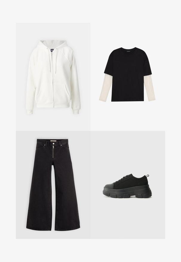 GAP NEW HOODIE - Sudadera con cremallera - off white; Camiseta negra de algodón, con mangas cortas sobre una capa blanca de manga larga con un patrón texturizado sutil. Diseño de escote redondeado.; Jeans de pierna ancha en denim negro con cierre frontal, diseño de cinco bolsillos y detalles de costura sutiles. Textura suave y estilo casual.; Zapatillas negras con suela de goma gruesa, parte superior de tela texturizada, punta redonda y diseño con cordones. Presenta ojales reforzados y tirador en la parte trasera.