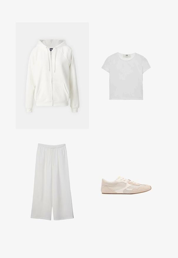 GAP NEW HOODIE - Športna jopa s kapuco na zadrgo - off white; Bela majica s kratkimi rokavi in okroglim ovratnikom, izdelana iz mehke bombažne tkanine, ki ima preprost, čist dizajn brez vidnih vzorcev ali poudarkov.; Bele široke hlače iz lahkega materiala, ki imajo elastičen pas in vrvico za prilagajanje. Gladka tekstura.; Bežna atletska čevlja, ki združuje mrežaste in semiš materiale, ima okroglo konico in vezalke. Teksturovani detajli na zgornjem delu povečujejo oprijem.