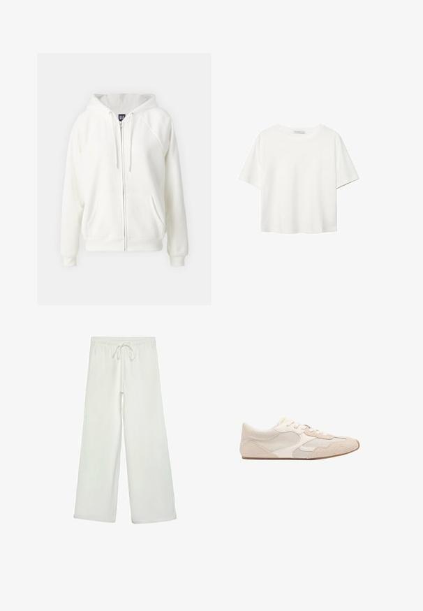GAP - Bluza rozpinana; Biała koszulka z krótkim rękawem, wykonana z bawełny. Posiada okrągły dekolt i luźny krój. Gładka faktura bez widocznych wzorów czy akcentów.; Białe spodnie o szerokich nogawkach wykonane z miękkiego materiału. Posiadają elastyczny pas ze sznurkiem i gładką teksturę. Brak widocznych wzorów lub elementów metalowych.; Beżowe buty sportowe z połączeniem materiałów siatkowych i zamszowych, zaokrąglony czubek oraz sznurówki. Teksturowane akcenty na górnej części zwiększają przyczepność.