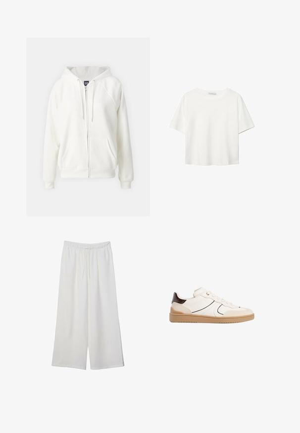 GAP NEW HOODIE - Sweatjakke - off white; Hvid kortærmet t-shirt lavet af bomuld. Har en rund halsudskæring og en afslappet pasform. Glat tekstur uden synlige mønstre eller detaljer.; Hvide vidde bukser lavet af letvægtsstof, med en elastisk talje og snøre for justerbar pasform. Glat tekstur.; Stradivarius Sneakers - white