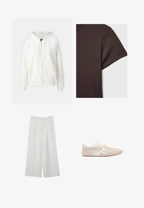 GAP NEW HOODIE - Vetoketjullinen college - off white; T-paita tummanruskeana lyhythihaisena, valmistettu sileästä ja joustavasta materiaalista, jossa on klassinen pyöreä kaula-aukko ja siistit ompeluyksityiskohdat.; Valkoiset leveälahkeiset housut, jotka on valmistettu kevyestä kankaasta. Niissä on joustava vyötärö ja nauha säädettävää istuvuutta varten. Sileä pinta.; Beige urheilukengät, joissa on sekoitus verkko- ja mokkanahkaa, pyöreä kärki ja nauhat. Pintarakenteet päällisessä parantavat pitoa.