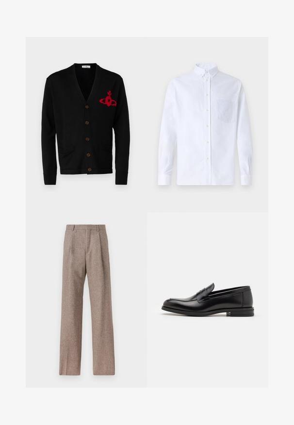 Vivienne Westwood ALEX CARDIGAN UNISEX - Kardiganas - black; Balta ilga rankovė mygtukų marškiniai, pagaminti iš medvilnės, su krūtine kišene ir toniniu siuvinėjimu, apykakle ir mygtukų apvadu.; Rudos, aukšto liemens kelnes, pagamintas iš tekstūruotos medžiagos. Plati kojos, dvi priekinės klostės struktūrai. Tvarkingas apdailos darbai, be matomų detalių.; Juodos odinės loafers, turinčios lygų paviršių, apvalią noselę ir dekoratyvinę juostą per priekinę dalį. Žemas krentantis kulnas, minimalistinis dizainas.