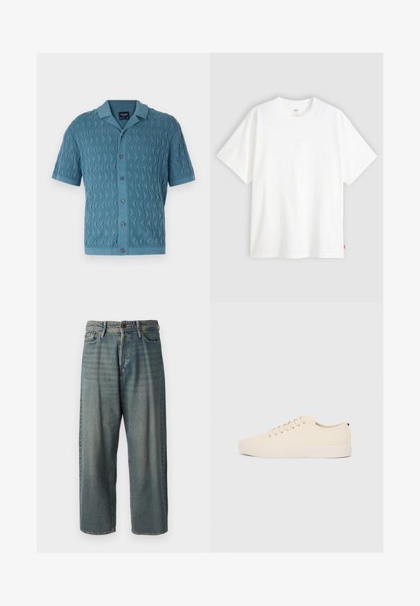 Lühikeste varrukatega sinine kudumispaita, millel on laineline muster, krae ja ettepoole asetsevad nööbid. Tekstuuriga kangas ribidega äärte ja varrukate osas.; Valge lühikeste varrukatega puuvillane T-särk, millel on ümmargune kaelus. Ees on peene reljeefse logoga detail ja hemmi peal punane silt.; Heledad sinine denim-stiilis teksad, volüümse lõike, keskmise kõrgusega talje ja sirgete säärega. Omab viit taskut, vöökumme ja nööpide sulgemist.; Beige kangastossud ümmarguse ninaga, tasase kummist lõhenemisega ja nööridega ees. Omab minimaalset disaini ja kontrastset musta aktsenti kanna piirkonnas.