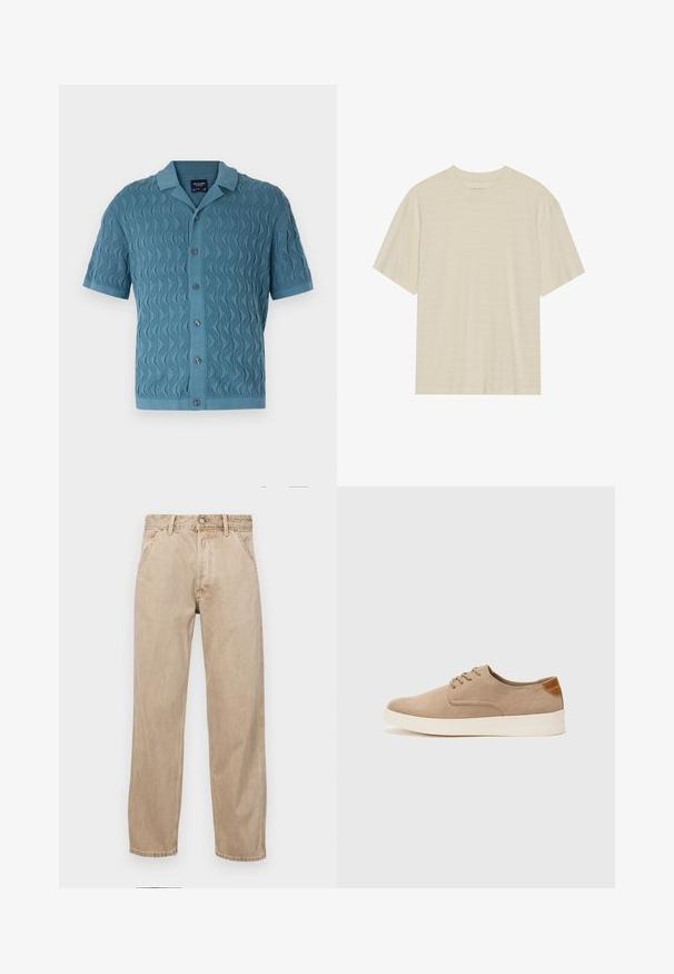 Camisa de punto azul de manga corta con un patrón ondulado, cuello y botones delanteros. Tejido texturizado con un dobladillo y puños acanalados.; Camiseta de manga corta color crema con una sutil textura a rayas y cuello redondo, confeccionada en una tela ligera.; Jeans de mezclilla beige con un diseño de pierna recta, que cuentan con bolsillos frontales, cierre de botón de metal y una textura sutil.; Zapatillas de ante beige con puntera redondeada, cordones en la parte delantera y un acento texturizado en la parte trasera. La suela de goma blanca proporciona contraste. Diseño sencillo y moderno.