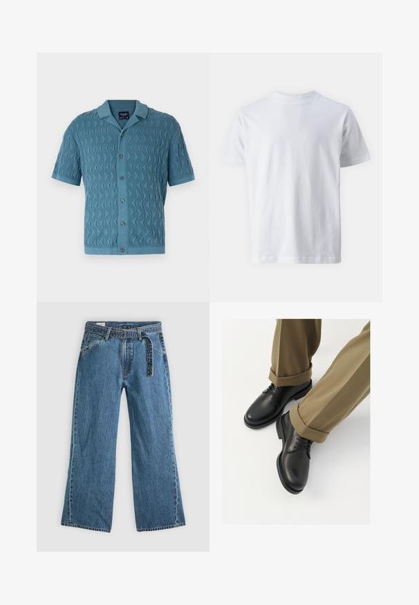 Camisa de punto azul de manga corta con un patrón ondulado, cuello y botones delanteros. Tejido texturizado con un dobladillo y puños acanalados.; Camiseta blanca de manga corta hecha de algodón, con un cuello redondo y una textura suave, con un corte recto y sin patrones.; Pantalones vaqueros de mezclilla azul de pierna ancha con cinturón adjunto, bolsillos frontales y costuras visibles sobre un fondo claro y liso.; Zapatos de dress de cuero negro con un acabado suave, con cordones y punta redondeada, combinados con pantalones caqui arremangados.