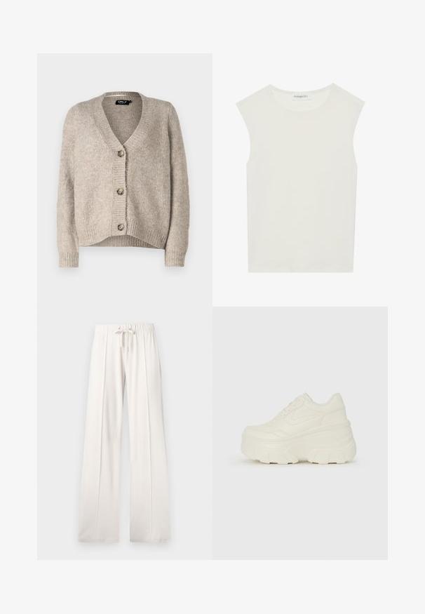 Beež kudumata kardigan V-kaelusega ja viie nööbiga kinnise, ribakäiste ja lõdva lõikega. Pehme tekstuur, mustrid pole nähtavad.; Valge ilma varrukateta topp ümmarguse kaelusega. Valmistatud siledast kangast, sellel on mugav lõige ja minimalistlik disain. Ei ole mustreid ega aksessuaare.; Heledad beežid püksid, mis on valmistatud pehmest kangast, millel on paelaga vöökoht, laiad sääred ja vertikaalsed õmblused, lisaks sujuv tekstuur.; Valged platvormi tõusukingad, millel on siledast nahast meenutav pealis, ümar kuju, pehmendatud kaelus ja tekstureeritud kummitald koos selgete hüdrofoobsete mustritega.
