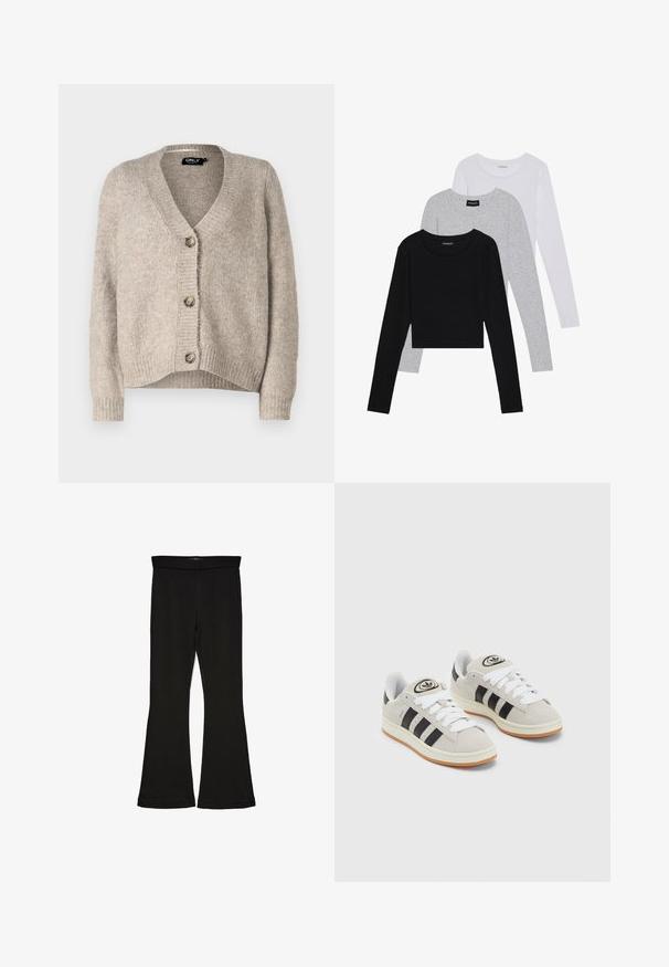 Bēšas adītas kardigāns ar V-veida kakla izgriezumu un piecu pogu aizdari, ar ribotām piedurknēm un brīvu piegriezumu. Mīksta tekstūra, bez redzamām rakstu detaļām.; Trīs garām piedurknēm veidotas augšdaļas, sakrautās: melna, pelēka un balta. Katram ir noapaļots kakla izgriezums un īsa dizaina forma ar gludu, vieglu audumu.; Melnas flared leggings, kas izgatavotas no stiepjama auduma. Iezīmējas ar platu jostasvietu un gludu tekstūru, ar pieguļošu siluetu, kas paplašinās pie apakšmalas.; Pelēkas zamšādas kedas ar baltām saites, melnām svītrām un baltu gumijas zoli. Raksturīga apļa logo uz mēles un gumijas zole.