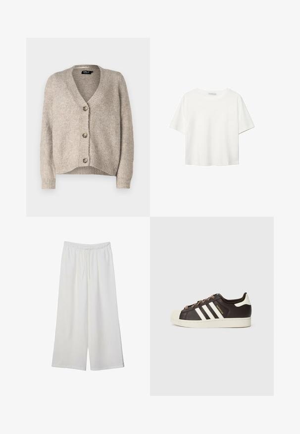 Beżowy sweter narzutowy z dekoltem w serek i pięcioma guzikami, z prążkowanymi mankietami i luźnym krojem. Miękka tekstura, brak widocznych wzorów.; Biała koszulka z krótkim rękawem, wykonana z bawełny. Posiada okrągły dekolt i luźny krój. Gładka faktura bez widocznych wzorów czy akcentów.; Białe szerokie spodnie wykonane z lekkiego materiału, z elastyczną talią i sznurkiem do regulacji fasonu. Gładka tekstura.; Niskie trampki Adidas Superstar z ciemnobrązowej skóry z kremowym noskiem w kształcie skorupy, białymi paskami i napisem „Superstar” po boku.