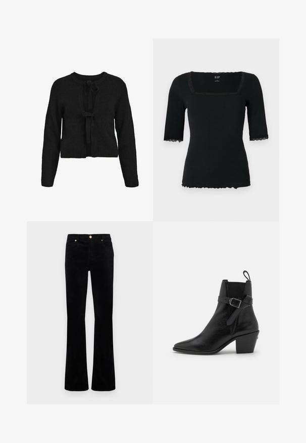 Black knitted cardigan with a cropped length, long sleeves, and a front tie closure. Ribbed texture and round neckline.; Black ribbed short-sleeve top with a square neckline, featuring lace trim at the collar and sleeves, and a scalloped hem.; Black flared jeans made of cotton blend, featuring a smooth texture, gold-tone hardware, two front pockets, and stitched detailing.; Black leather ankle boot with pointed toe, block heel, and side buckle detail. Features smooth texture and a pull tab at the back.