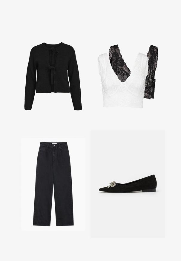 Czarny dzianinowy kardigan o skróconym fasonie, z długimi rękawami i zapięciem z przodu na kokardę. Żebrowana faktura i okrągły dekolt.; Komplet biustonosza koronkowego z białym kwiatowym wzorem i czarnym dodatkiem. Oba mają dekolt w kształcie litery V oraz szerokie, ozdobne ramiączka.; Czarne, wysokie dżinsy z szerokimi nogawkami, z przodu zapinane na guzik i zamek błyskawiczny, z pętelkami na pasek oraz pięcioma kieszeniami.; Czarne zamszowe baleriny z wąskim noskiem, zdobione ozdobną srebrną kokardą z przodu, z niskim obcasem.