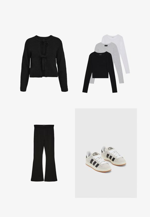 Černý pletený cardigan se zkrácenou délkou, dlouhými rukávy a zavazováním vepředu. Žebrovaná textura a kulatý výstřih.; Tři trička s dlouhým rukávem naskládaná na sobě: černé, šedé a bílé. Každé má kulatý výstřih a kratší střih z hladkého, lehkého materiálu.; Černé legíny s rozšířením vyrobené z elastického materiálu. Mají široký pás a hladkou strukturu, s přiléhavým střihem, který se na lemu rozšiřuje.; Šedé semišové tenisky s bílými tkaničkami, černými pruhy a bílou gumovou podrážkou. Mají kulaté logo na jazyku a gumovou podrážku.