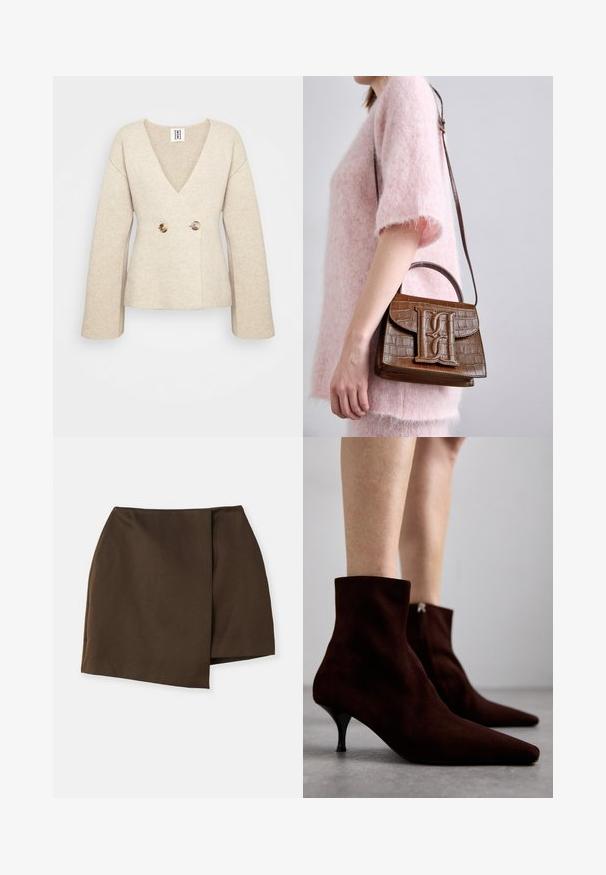 Bež pleteni pulover z globokim V-izrezom, dolgimi rokavi in prilega pasu, ki ima spredaj dva velika okrogla gumbka.; Rjava bombažna majica s krojem okroglega vratu in kratkimi rokavi. Robovi in manšete imajo čisto obdelavo; brez vidnih vzorcev ali grafike.; By Malene Birger RAYE - Krilo A-kroja - dark mahogany; Rjave alkerske čevlje iz nubuka s koničastim nosom, elegantno visoko peto in zadrgo na hrbtni strani, ki se ponašajo z gladko teksturo in minimalističnim dizajnom.; Rjava torbica s krokodiljo embosiranjem, z zgornjim ročajem in naramnicami. Ima izstopajoč logotip na sprednjem pokrovu. Mehka tekstura.