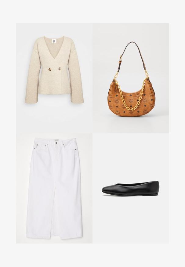 Beżowy sweter dziany z głębokim dekoltem w serek, długimi rękawami i dopasowaną talią, z dwoma dużymi okrągłymi guzikami z przodu.; Bez rękawów top w golf z pionowymi czarno-białymi paskami, wykonany z teksturowanej dzianiny, z wysokim, dopasowanym kołnierzem.; Biała spódnica dżinsowa z rozcięciem z przodu, pięcioma kieszeniami, metalowym guzikiem oraz zapięciem na zamek błyskawiczny, a także z haftowanymi detalami na hemie.; Paul Smith TOPANGA czarny; Brązowa skórzana torebka w kształcie półksiężyca z czarnymi logo MCM, złotym detalem łańcucha i regulowanym paskiem na ramie na białym tle.