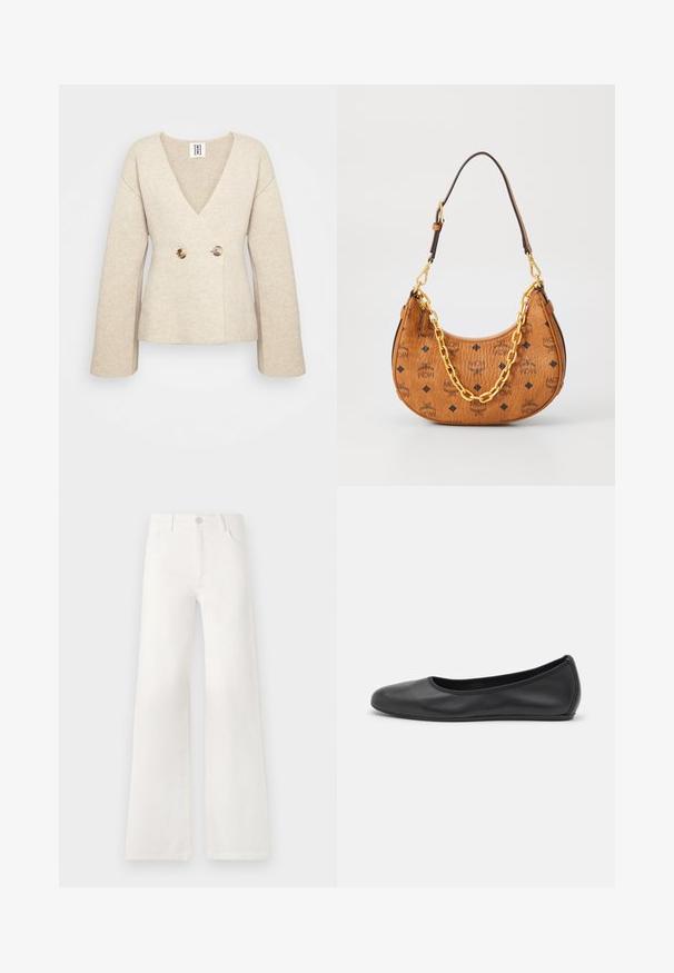 Beige kötött pulóver mély V-nyakkal, hosszú ujjal és szabott derékkal, elöl két nagy, kerek gombbal.; Ujjatlan garbó felső, függőleges fekete és fehér csíkokkal, texturált kötött anyagból készült, magas, szoros gallérral.; Fehér, magas derekú, bő szabású farmernadrág. Gombos záródással, két elülső zsebbel és oldalsó varrásokkal rendelkezik, amelyek varrási részleteket tartalmaznak.; Fekete bőr balettcipő lekerekített orral, sima tekstúrával, minimális varrással és rugalmas talp kialakítással.; Barna bőr, félhold alakú kézitáska fekete MCM logókkal, arany lánc részlettel és állítható vállpánttal, fehér háttéren.