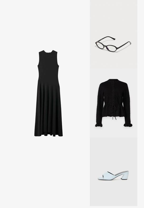 YAS YASTHELLIS CARDIGAN - Neuletakki - black; Musta hihaton maxi-mekko, jossa on tiukka yläosa ja levenevä helma. Mekossa on sileä pinta ja minimalistinen muotoilu ilman näkyviä kiinnityksiä.; Vaaleansiniset avointoimiset koroketossut, joissa on geometrista muotoilua, leveä remmi jalan yli ja paksu, kulmikas korko.; Mustat soikeat kehykset, joissa on puoliläpinäkyvät violetit yksityiskohdat linssissä. Kehykset ovat mattapintaiset ja hoikalla, suoralinjaisella varrella.; Valkoinen nahkalaukku, jossa on kaareva muoto, säädettävä olkahihna ja pieni solk yksityiskohta. Mallilla on yllä tiukka musta asu.