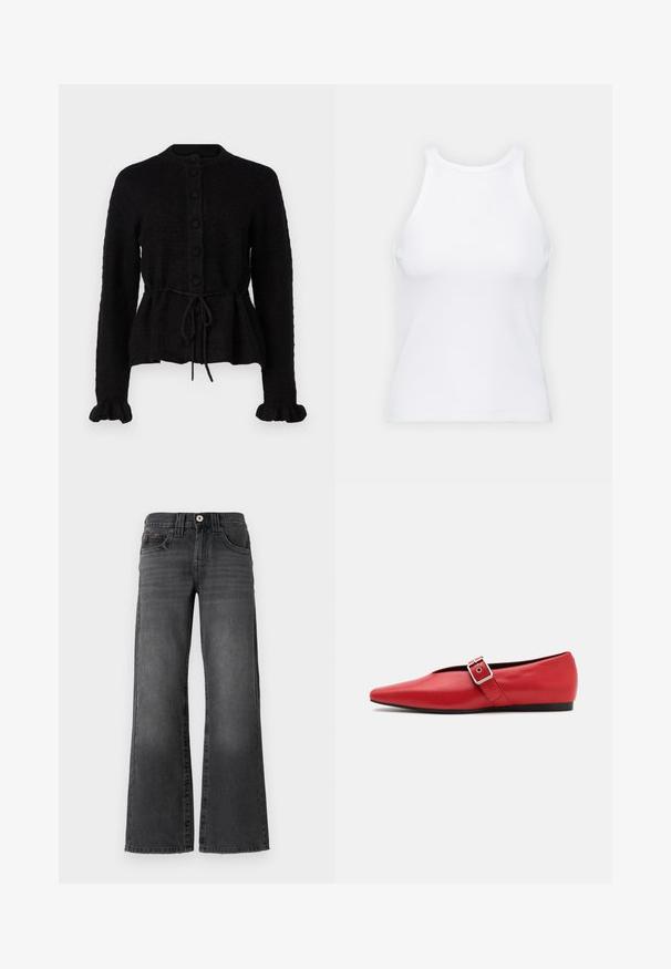 YAS YASTHELLIS CARDIGAN - Cardigan - black; Hvit ermeløs tanktop laget av ribbet stoff, med rund hals og en tettsittende silhuett, med minimale sømmer og ingen dekorasjoner.; Videbukser i mørkegrå denim. Har fem lommer, knappelukking og subtil bleking på stoffet. Klassiske sømdetaljer.; Røde lærflatsko med spiss tå, med en sidespenne med metallspenne og en lav svart hæl. Glatt tekstur gjennom hele skoen.