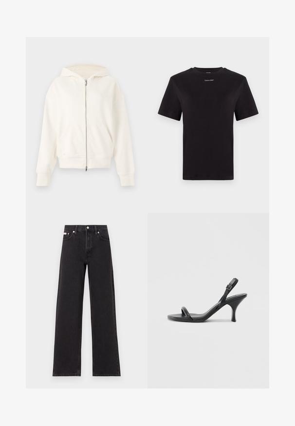 Bijela zip-jakna s kapuljačom na vezanje, kenguruljskim dzepovima i rebrastim manžetama. Mekani materijal s glatkom teksturom i minimalistički dizajn.; Crna pamučna majica s kratkim rukavima, okruglim izrezom i malim bijelim logom "Calvin Klein" na prsima. Glatka tekstura, klasičan kroj.; Crne široke traperice od denima, s visokim strukom, pet džepova i metalnim zatvaranjem s kontrastnim šavovima.; Crne kožne sandale na visoku petu s tankom, zakrivljenom petom i dizajnom prekriženih traka. Podesiva traka oko gležnja. Glatka tekstura.