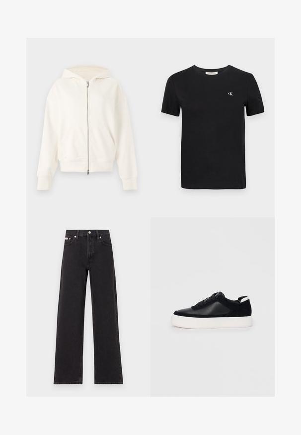 Fehér, cipzáras kapucnis pulóver zsinóros kapucnival, kenguruzsebekkel és bordás mandzsettákkal. Puha anyag, sima textúrával és minimalista dizájnnal.; Fekete pamut póló klasszikus kerek nyakkal, rövid ujjakkal és egy kis fehér hímzett "ck" logóval a mellen.; Fekete, bőszárú farmernadrág, magas derekú, öt zsebes kialakítással és fém gombos záródással, kontrasztos varrással.; Fekete sportcipő sima bőrből és velúr panelekkel, lapos fűzőkkel, kerek orral és fehér gumi talppal. Megkülönböztető logó a sarkán.