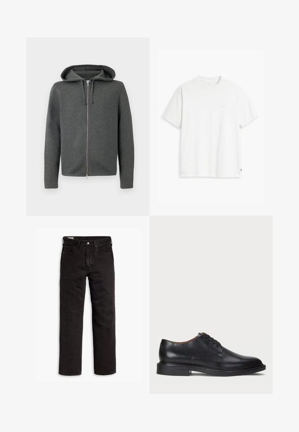 Sweatshirt cinzento com fecho éclair, com capuz, feito de tecido macio, apresentando um fecho suave e mangas longas. Design minimalista, sem padrões visíveis.; T-shirt de algodão branco com mangas curtas, decote redondo e logo discreto da Levi's impresso no centro. Tecido macio e ajuste padrão.; Jeans de denim pretos de perna reta com cinco bolsos, fecho de botão e passantes para cinto, dispostos em uma superfície branca.; Sapato de vestido em couro preto com bico redondo, design com atacadores e um salto baixo empilhado. Textura suave com detalhes de costura mínimos.