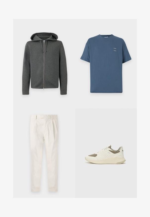 Pilkas su užtrauktuku ir gaubtu, pagamintas iš minkštos medžiagos, su sklandžiu užtrauktuku ir ilgomis rankovėmis. Minimalistinis dizainas, be matomų raštų.; Mėlynas medvilninis marškinėliai su klasikinėmis apvalia kaklo iškirpte, trumpomis rankovėmis, laisvu siluetu ir dviem mažais atspausdintais logotipais ant krūtinės. Lygi tekstūra.; Balti, susiūtos kelnes, turinčios pritaikytą siluetą, pasižyminčias lygia tekstūra, dirželio kilpomis ir siaurėjančiomis kojomis. Nėra matomų kišenių ar raštų.; Baltas ir šviesiai bežinis sportinis kedas, su tinklo viršumi, perforuotais detalėmis ir tekstūruotu tarpine su logotipu ant kulno.