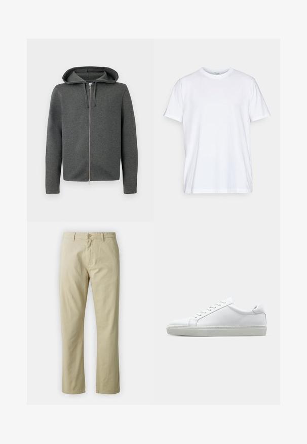 Graue Zip-Hoodie mit Kapuze, hergestellt aus weichem Stoff, verfügt über einen glatten Reißverschluss und lange Ärmel. Minimalistisches Design, keine sichtbaren Muster.; Weißes Baumwoll-T-Shirt mit kurzen Ärmeln, rundem Halsausschnitt und lockerer Passform. Minimalistisches Design, ohne Muster oder Akzente.; Beige Baumwollhose mit geradem Bein, mit vorderem Knopfverschluss und Gürtelschlaufen. Glatte Textur, keine sichtbaren Muster oder Akzente.; Weißer Sneaker mit glattem Lederobermaterial und niedrigem Profil. Verfügt über eine runde Zehenpartie, sechs Ösen und eine strukturierte Gummisohle.