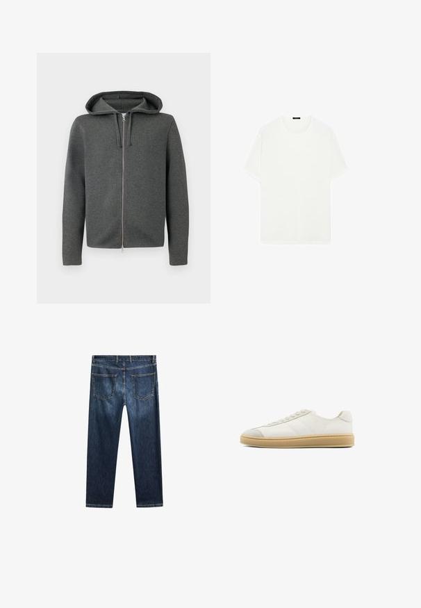 Šedá mikina s kapucí na zip, vyrobená z měkké látky, obsahující hladký zip a dlouhé rukávy. Minimalistický design, bez viditelných vzorů.; Bílý tričko s krátkým rukávem vyrobené z měkké tkaniny. Má klasický kulatý výstřih a rovný střih, bez viditelných vzorů nebo akcentů.; Tmavě modré denimové džíny se střihem rovného nohavice, pěti kapsami a kontrastním stehem. Mají čistý pas a lem.; Bílé semišové tenisky s hladkým povrchem, kulatou špičkou, šněrováním vpředu a hnědou gumovou podrážkou. Mají jemné postranní pruhy a akcenty na patě.